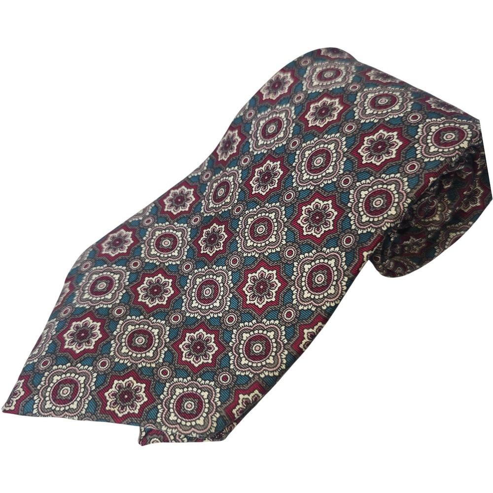 Wembley Pure Silk Tie Muted Green Red Maroon Tan 58"x 4" Vintage